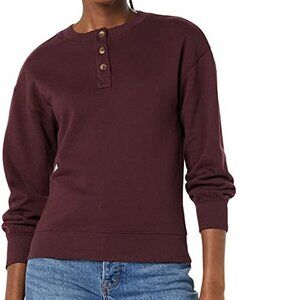 WOMEN'S Relaxed-Fit Henley Fleece Sweatshirt Burgundy Size Large